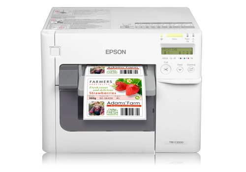 Epson ColorWorks C3500 Inkjet Printer Epson C3500 inkjet printer with label being printed