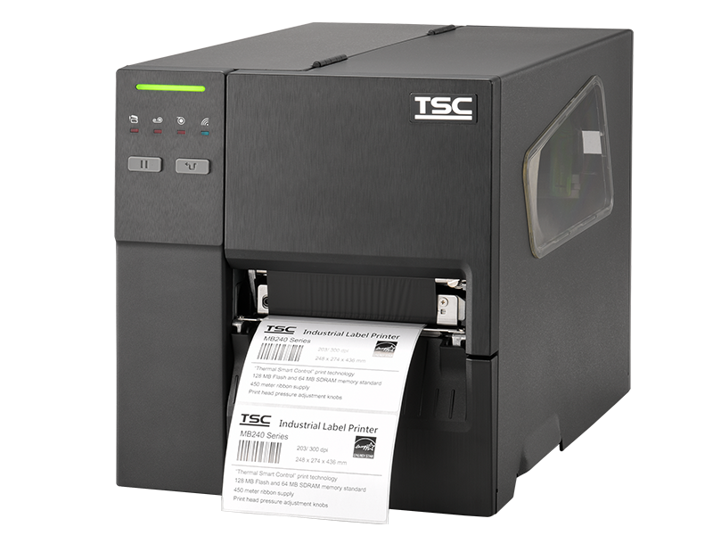 TSC MB range of thermal transfer printers printing black and white label with a 4 inch max print width