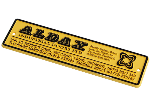 Custom Relief Moulded Signage for Industrial Door Manufacturer custom relief yellow nameplate with black tipping