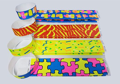 Patterned Tyvek Wristbands Various patterned tyvek wristbands including puzzle and zebra